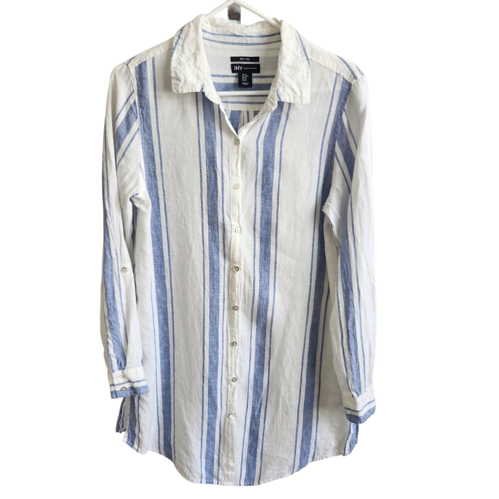 JNY Linen Shirt/Cover Up-Button-Blue White Stripe-Beachy Boho-Roll Tab Sleeve M
